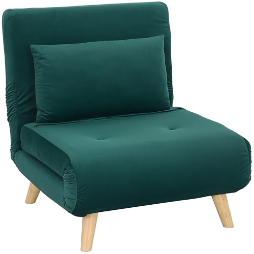 HOMCOM 3 in 1 Schlafsessel, Schlafsofa mit Bettfunktion, Lendenkissen, klappbarer Relaxsessel mit Verstellbarer Rückenlehne Liegestuhl in Samtoptik, für Wohnzimmer, Dunkelgrün