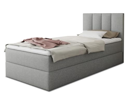 Boxspringbett Star Mini mit Bettkasten, Bonell-Matratze und Topper - Einzelbett mit Matratzentopper, Polsterbett, Bett, Schlafzimmer, Jugendzimmer (Grau (Inari 91), 90 x 200 cm)