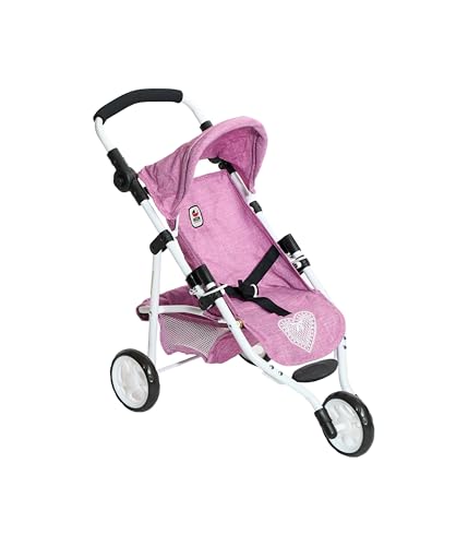 Bayer Chic 2000® Puppenbuggy Lola – Jeans Pink – faltbarer Puppenwagen – Griff höhenverstellbar 33-62 cm – 3-Rad Jogger – Puppen bis 50 cm – 3-6 J.