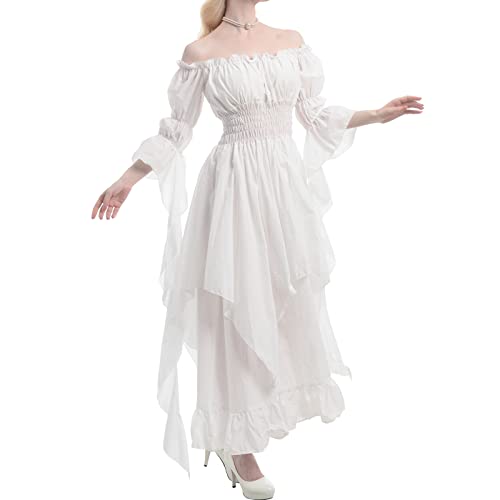 Fiamll Viktorianisches Kleid Renaissance Kostüm Frauen Gothic Hexenkleid Mittelalterliches Hochzeitskleid (Weiß L/XL)