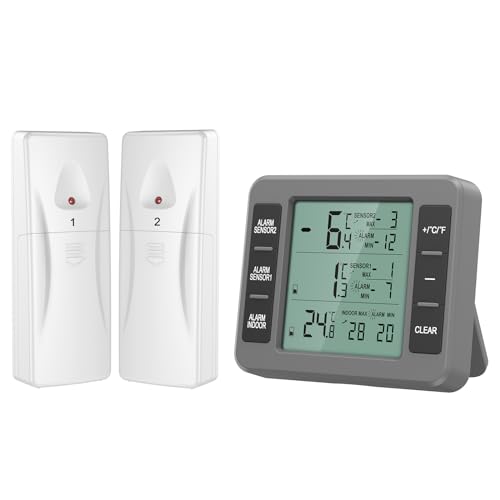 Ankilo Kühlschrankthermometer, Digital Thermometer mit 2 Sensoren,Gefrierschrank Thermometer kabellos mit LCD-Display,Temperatur Alarm,MIN/MAX,Temperatur Tester für Haus Grau
