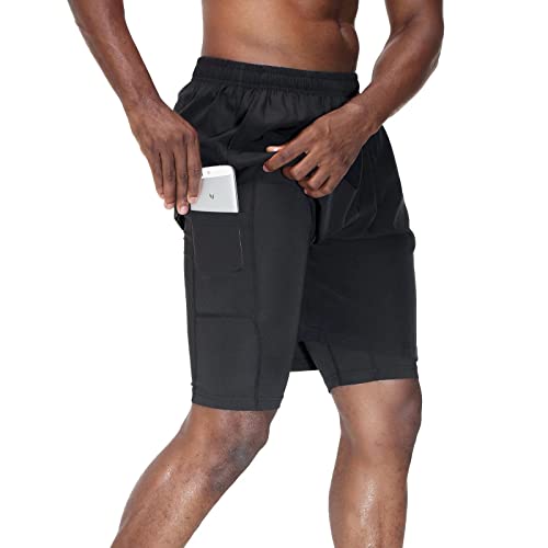 HMIYA Herren 2 in 1 Shorts Fitness Sporthose Kurz Jogginghose Schnelltrocknende Laufhose mit Kompressionsshorts und Taschen Reißverschlussfach(Schwarz,EU-M/US-S)