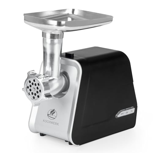 KOCHWERK elektrischer Fleischwolf mit verschiedenen Aufsätzen | verarbeitet bis zu 2000g/min | Hackfleisch, Kibbeh, Churros, Wurst & mehr auf Knopfdruck | leichte Bedienung und Reinigung [1600W]