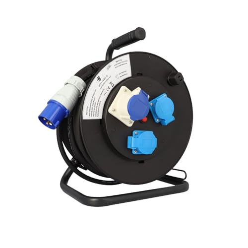 cartrend Explorer CEE Kabeltrommel mit CEE-Stecker, 2 Schutzkontaktsteckdosen & CEE-Steckdose mit Klappdeckel, Verlängerungsleitung für Nutzung beim Camping und Outdoorbereich, IP44, 25m, schwarz