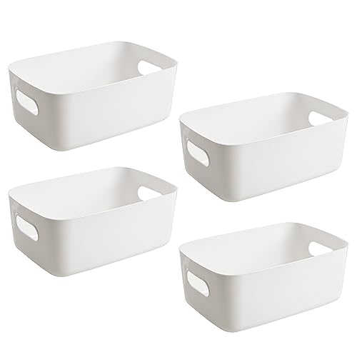 Jesdavan Aufbewahrungsbox Weiß, 4 Stück Aufbewahrungskisten, Aufbewahrungsbox Kunststoff, Korb Plastik, Ordnungsbox, Multifunktion Geeignet für Küche Bad Kleiderschrank(20 x 14 x 7 CM)