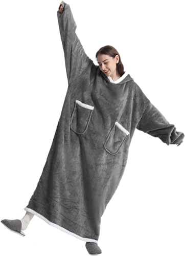 Boikey Hoodie Decke mit Ärmeln Kuscheldecke Decke mit Ärmeln und Kapuze - Flauschige Hoodie Decke Damen warme Pullover Decke zum Anziehen Erwachsene,Grau