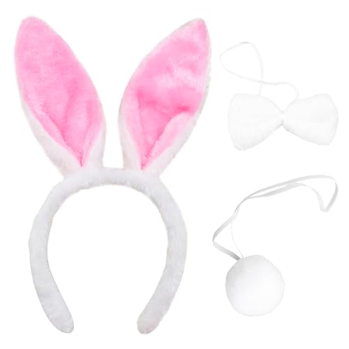 HFMYGS 3 Stück Hasenohren Haarreif, Hasenohren Kostüm, Hasenkostüm Erwachsene, Hasenkostüm Kinder, Hasenohren Braun, Bunny Ohren, Hasen Ohren Plüsch Stirnband Haarbänder Fliege Schwanz