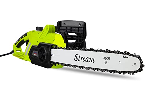 Stream Elektro Kettensäge, 2400W Kettensäge Elektrische Kettensäge mit 45cm Schwertlänge, 13m/s Schnittgeschwindigkeit, 350ml Bio-Kettenöltank, Automatische Werkzeuglose Kettenspannung