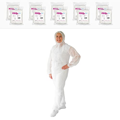 ARNOMED PP-Schutzanzug Einweg Weiß, 10x Ganzkörperanzug Gr XXL (150x183 cm), Lackier- & Maleranzug Einweg mit Kapuze, Einweg Arbeits-Overalls für Herren/Damen, latexfreie Schutzkleidung, Einweganzug