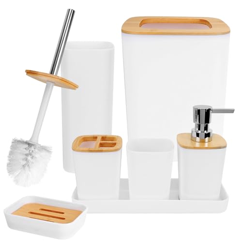 Dadabig 7 Stück Badezimmer Set, Badset Badezimmer Zubehör Set Bambus, Luxus Modern Bad Set, Mülleimer/Seifenspender/Spülbecher/Seifenschale/Zahnbürstenhalter/Toilettenbürste Set/Schminktisch-Tablett