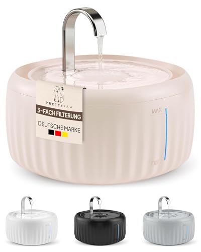 PrettyPaw Katzenbrunnen Aqua Flow Pro [NEUEINFÜHRUNG] Super leiser, BPA-freier 3L Trinkbrunnen für Katze mit LED und Aktivkohlefilter I Leicht zu reinigender Katzen Trinkbrunnen I Aqua Flow (Beige)