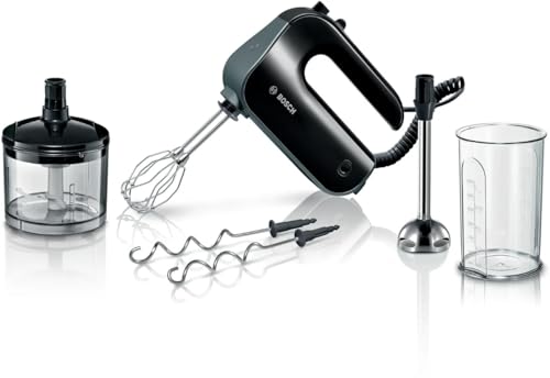 Bosch Handrührer Home Professional Styline MFQ4980B, 5 Stufen, 2 Edelstahl Rührbesen- und Knethaken, Mixstab Edelstahl, Universalzerkleinerer, 850 W, schwarz/dark silver