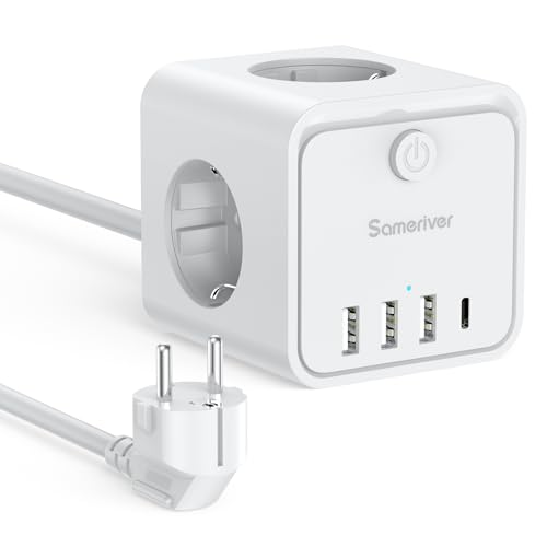 Steckdosenleiste Würfel USB (4000W/16A) Mehrfachsteckdose Cube 3 Fach mit 1 USB-C & 3 USB-A,Mehrfachstecker mit Save Energy-Schalter, Steckdosenwürfel 2M Verlängerungskabel Kabel für Büro, zu Hause