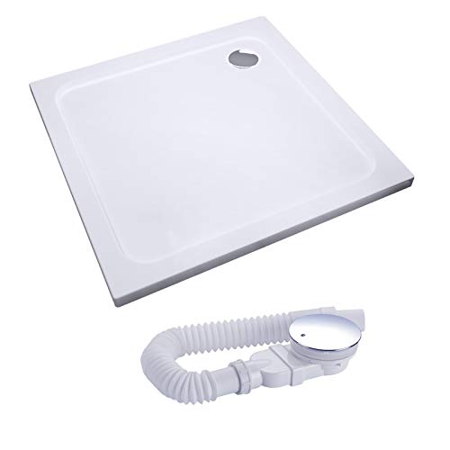 IMPTS Duschwanne Duschtasse komplett set,90x90x4 quadrat extra flach Eckig Acryl Weiß Dusche Acrylwanne für Duschabtrennung Duschkabine, inkl. Ablaufgarnitur