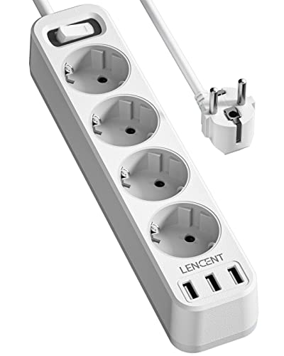 LENCENT 4 Fach Steckdosenleiste Mehrfachstecidose 4000W mit 3 USB-Anschlüsse 12W, USB Steckerleiste für Zuhause, Büro, Mehrfachstecker USB Steckdose mit Schalter und 1,5M Kabel, Weiß