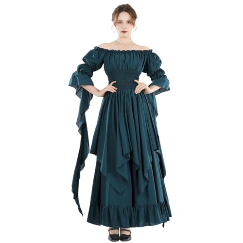 Fiamll Viktorianisches Kleid Renaissance Kostüm Damen Gothic Hexenkleid mittelalterliches Maxikleid Ladies Hochzeitskleid (Pfauen Grün L/XL)