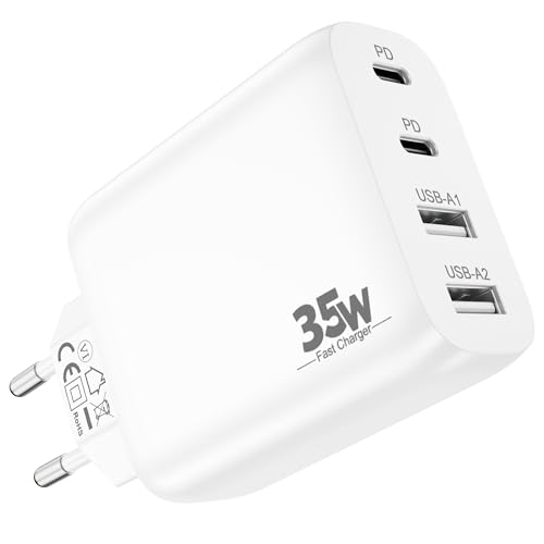 USB C Ladegerät, 4-Port Mehrfach Schnellladegerät Netzteil mit USB-C & USB-A Adapter PD+QC 35W Handy Stecker für iPhone 16//16e/15/14/13/12 Pro Max, iPad, Samsung Galaxy S25/S24/S23, Google Pixel 9/8