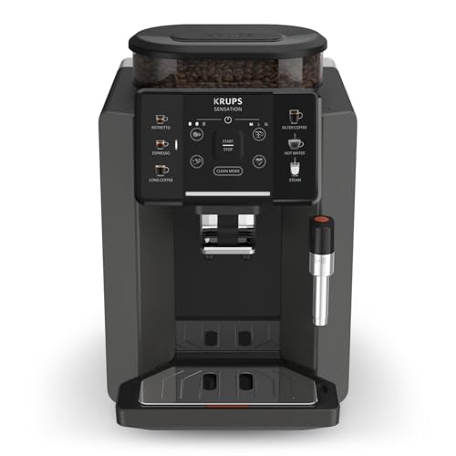 Krups Sensation Kaffeevollautomat, Milchschaumdüse, 5 Getränke, Filterkaffee-Funktion, 2-Tassen-Funktion, Kaffeemaschine, Schwarz, Made in France, EA910810