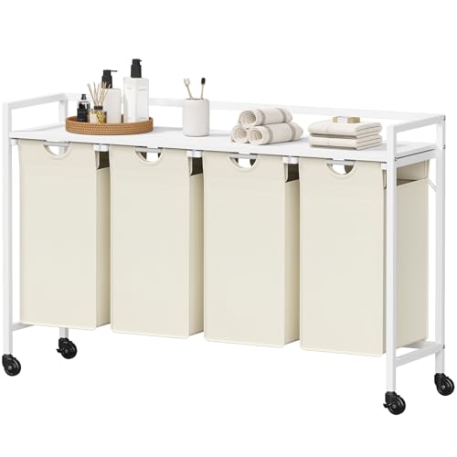 Lifewit Wäschesortierer 4 Fächer, 168L Wäschewagen mit Rollen, Wäschekorb mit Ablage, Wäsche Sortiersystem, Wäsche Organizer Schmutzwäsche, Wäschetrenner für Badezimmer, Waschküche, Wäscheregal Weiß