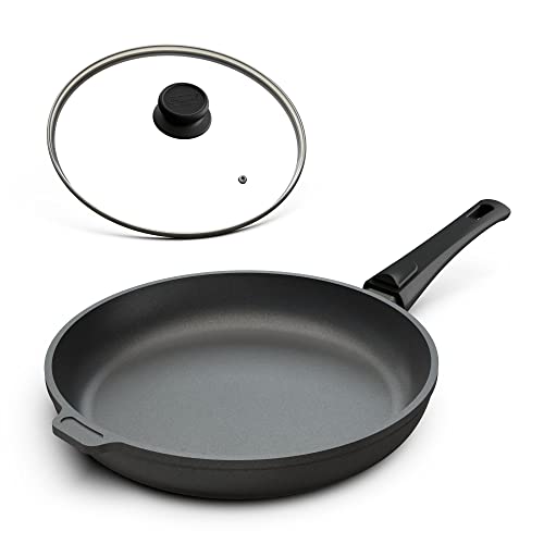 Hoffmann Extra große Aluguss Bratpfanne 32 cm mit Deckel Induktion 4,5 cm Innenhöhe I Made in Germany I Antihaft Beschichtung I Verzugsfreier Boden Induktionsgeeignet mit Glasdeckel