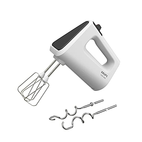 Krups GN4001 3 Mix 4000 Handmixer | 450 Watt | robustes Design | variabler Geschwindigkeitsregler | Turbo- und Auswurf-Funktion | inkl. 2 Rührbesen und 2 Knethaken | Weiß/Grau