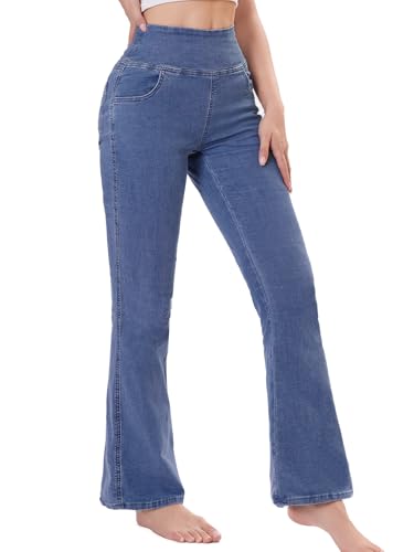 Chasehot Bootcut Jeans Damen, High Waist Stretch Jeggings Damen mit 4 Taschen Jeanshose zum Anziehen Schlaghose Jeans,Indigoblau-L-31