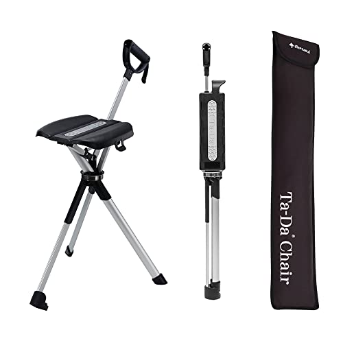 Ta-Da Chair Serie 2 - Gehstock mit Sitz, ultraleichter Aluminiumrahmen & robuster Klapphocker (bis 136 kg) zusammenklappbares Design, ideal für Wanderungen und Outdoor-Aktivitäten (schwarz, L (92 cm))