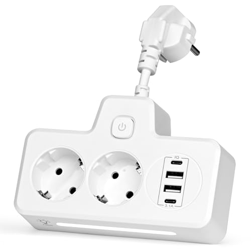 Pfloge® Steckdosenleiste mit USB C,2 Fach Steckdose 4 USB Ladeanschlüsse(2 USB C + 2 USB A), Mehrfachsteckdose mit LED Lichtstreifen für Smartphones, Laptop, Zuhause, Weiß