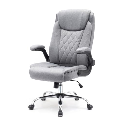Superkancl Stoff-Bürostuhl Comfortable, ergonomischer Drehstuhl bis 130 kg, mit klappbaren Armlehnen, Schreibtisch Stuhl mit Hohe Rückenlehne, grau
