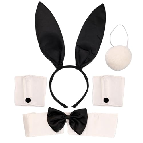 KSJEHW 5 Stück Damen Bunny Kostüm Set Hasenohren Stirnband Kragen Fliege Kostüm Manschetten Hasenschwanz für Osterparty(Schwarz)