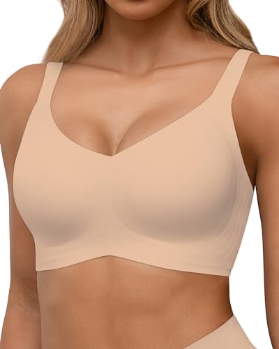 HORISUN Nahtlose BHS, vollständige Abdeckung, kabelloser Push-up-BH für Damen, Bequeme Bralettes mit V-Ausschnitt und Unterstützung (Hautfarben L)