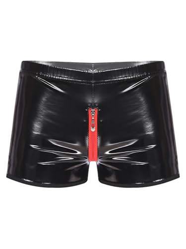 FEESHOW Herren Wetlook Boxershorts Slip Ouvert mit Reißverschluss Stretch Leder Latex Hose Shorts Unterwäsche Rubber Pants Clubwear Schwarz J M