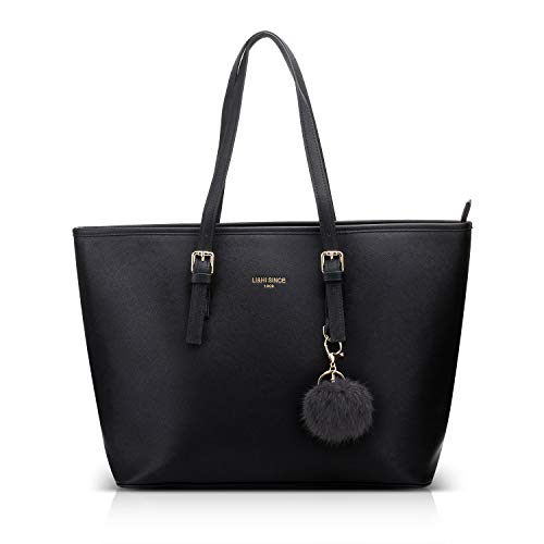 LI&HI Damen Handtasche Elegant Women's Handbag Shopper für Schule Handtasche Schwarz with Haarball 34 x 29 x 15.5 cm