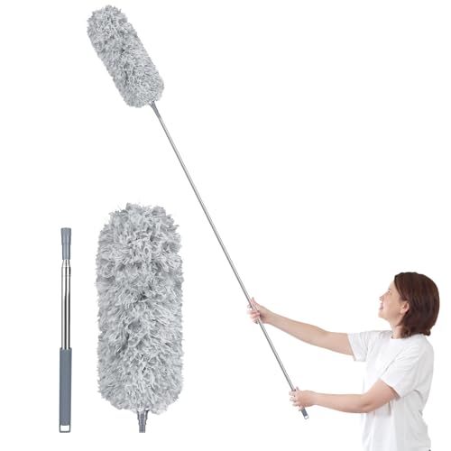 Fogray Staubwedel Teleskop Waschbar Duster Lang Ausziehbar Bis 237cm, Staubwischer mit Teleskopstange, Staubmagnet Verbiegbare Staubfänger Spinnenwebenentferner für hohe Decken Deckenventilator Grau