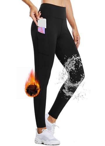 BALEAF Thermo Leggings Damen mit Taschen Wanderleggings Kompression Fitness Hose high Waist Laufhose lang Outdoorhose Wasserabweisend gefütterte Schwarz L