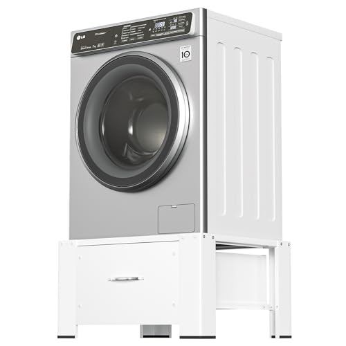 Tubiaz Waschmaschinen Untergestell mit Schublade, 62.5x54.5x32.5cm waschmaschinen unterschrank, Stahl Waschmaschinensockel, Waschmaschine Untergestell bis 150kg, Waschmaschinen Erhöhung Weiß