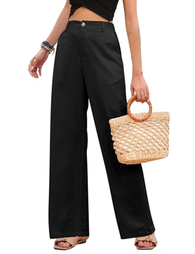 heekpek Leinenhose Damen Sommer Leichte High Waist Hose Damen Bequeme Lang Stoffhose Lockere Gerade Geschnitten Sommerhose Freizeithose mit Taschen, Schwarz, M