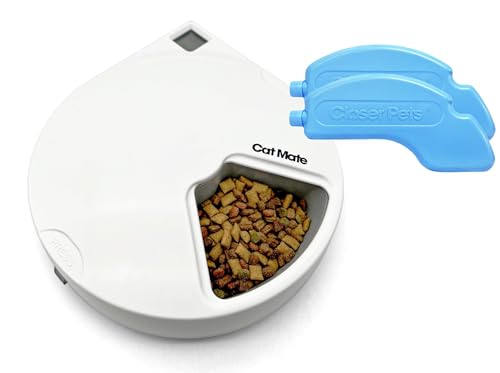 Cat Mate C500 Automatischer Futterautomat mit Digitalem Timer und 5 Näpfen – Für Katzen und Kleine Hunde, Nass- oder Trockenfutter, Inklusive Zwei Kühlakkus, 5 Mahlzeiten Bis zu 330 g Pro Stück, Weiß