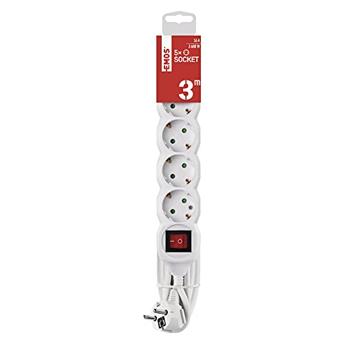 EMOS - 5-Fach Steckdosenleiste 3m mit Schalter - 5 Schuko-Steckdosen 45° gedreht - 250 V, 16 A, 3680 W - PVC-Isolierung - H05VV-F3G 1,5 mm2 - erhöhter Berührungsschutz - IP20 für Innen - weiß