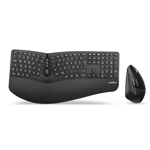 Perixx Periduo-605 Kabelloses Ergonomisches Tastatur- und Vertikalmaus-Set, Geteiltes Tastenfeld, 4-Wege-Scrollrad, Anpassbare Handballenauflage, Flache Tasten