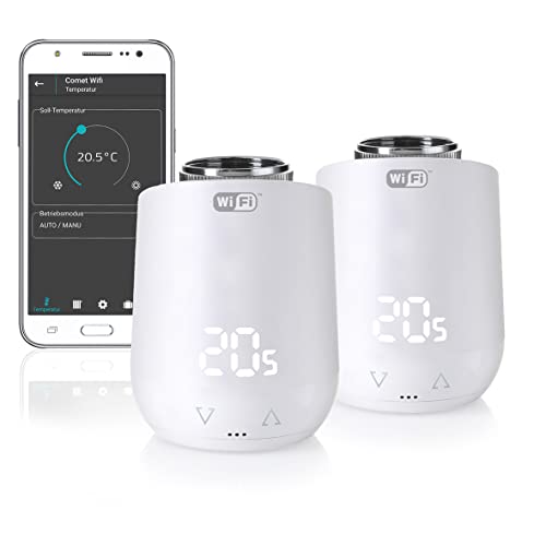 Eurotronic 700200 Comet Wifi 2021 Heizkörperthermostat (Heizen per WLAN, mit Alexa kompatibel, Heizkosten sparen, Raumtemperatur von unterwegs regulieren, Smart Home Zubehör 2er Bundle)