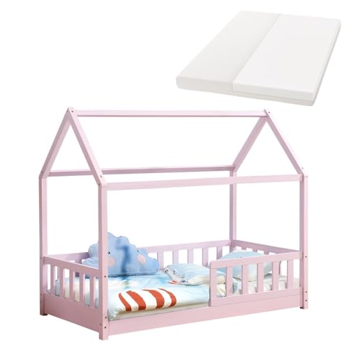 Juskys Kinderbett Marli 80 x 160 cm mit Matratze, Rausfallschutz, Lattenrost & Dach - Massivholz Hausbett für Kinder - Bett in Rosa