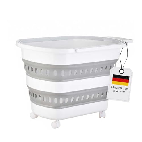 König Design Faltbarer Wäschekorb aus Kunststoff mit Rädern, 38 Liter, zusammenklappbar, mit Rollen, tragbarer Wäschesammler, platzsparender Korb 60,5 x 39,5 x 34,5 cm