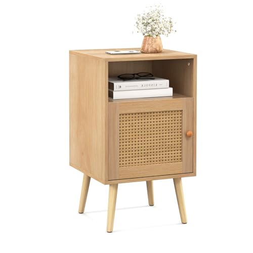 COSTWAY Nachttisch Rattan, Nachtschrank Holz, Beistelltisch mit offenem Regal & Tür, Sofatisch Landhausstil, ideal für Schlafzimmer und Wohnzimmer, 40 x 39 x 70cm