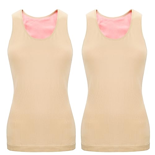 2 Stück Damen Innenfleece Tank Tops Ärmellos Thermounterwäsche Thermo Unterhemd Baumwolle Thermo Shirts (Beige, M)