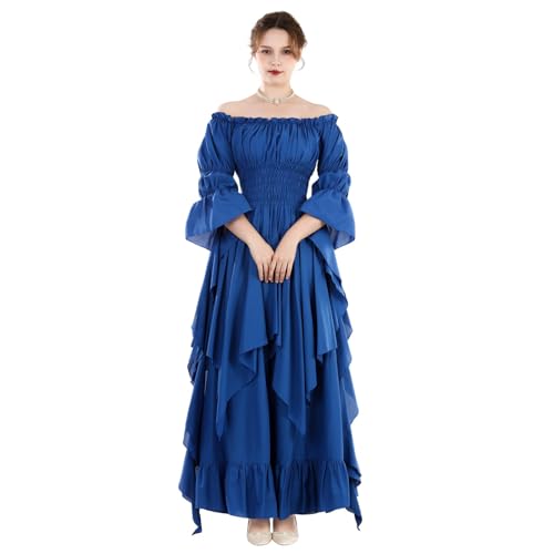 Fiamll Viktorianisches Kleid Renaissance Kostüm Damen Gothic Hexenkleid mittelalterliches Maxikleid Ladies Hochzeitskleid (Blau S/M)