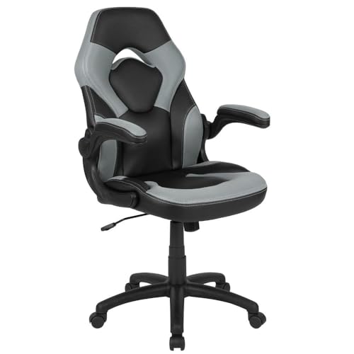 Flash Furniture X10 Gaming-Stuhl, Rennsport-Design, Bürostuhl, ergonomischer PC-Drehstuhl, verstellbar, mit hochklappbaren Armlehnen, Grau/Schwarz, LeatherSoft, Polyurethan