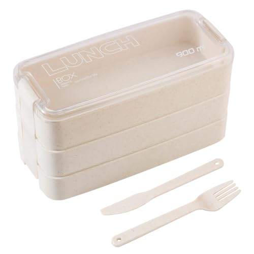 LiangYuanZen Bento Boxen, Bento Lunchbox mit 2 Besteck,3-lagig, robust und stilvoll,Geeignet für Erwachsene, für Schule, Arbeit, Picknick, Reise geschichtete Lunchbox (Beige)