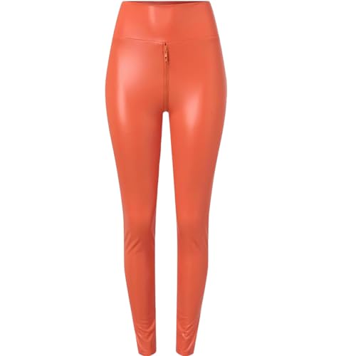 GuyAna Damen-Leggings aus Kunstleder mit Zwei-Wege-Reißverschluss im Schritt, Stretch, Leggings aus mattem Leder, Kunstlederhose (orange,3XL)