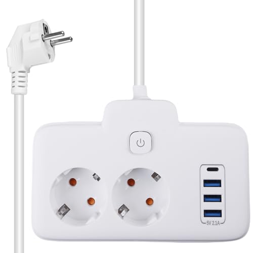 2 Fach Anschlüsse Steckdosenverlängerung, 2500W Fach Steckdosenleiste, 10A USB Mehrfachsteckdose Steckdosenleiste mit 3 USB-A &1 USB-C schlüssen für Büro, Hause und Reisen